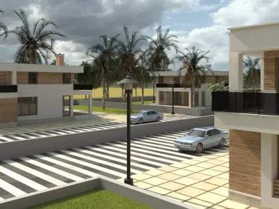 Low poly Modern Tropical Housing Development Scene Low-poly 3D model