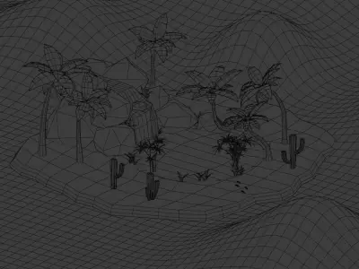 Oasis island with palm trees and cactus Low-poly 3D model
