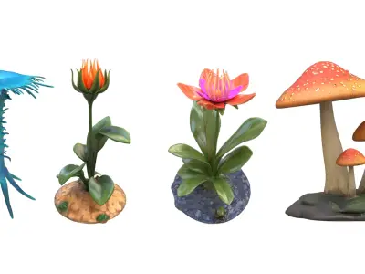 Stylized Cyberpunk Alien Plants Vegetation Grass Flower Mushroom Low-poly 3D model