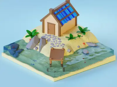 A house on the beach with a pier 3D model