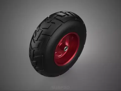 METALLIC RED THREE SPOKE TREAD TIRE RIM CART WHEELBARROW RUBBER 3D model