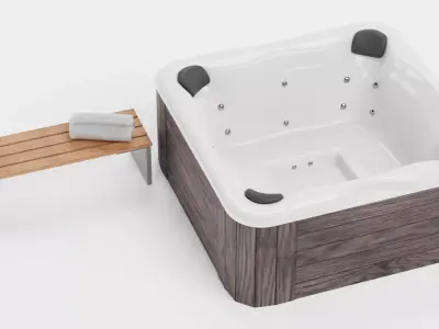 Garden Setup V10 - Wooden Hot Tub with Bench Low-poly 3D model
