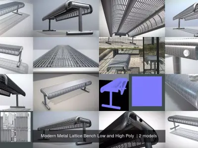  Modern Metal Lattice Bench Low and High Poly  3D Model Pack