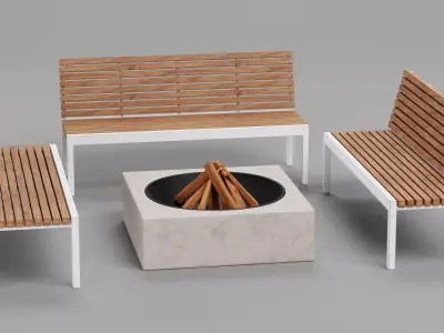 Garden Setup V3 - Wooden Benches with Modern Outdoor Fire Pit Low-poly 3D model