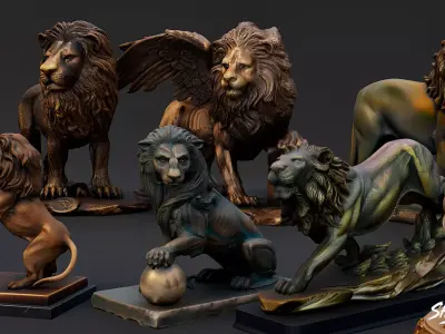 Lion Statues Pack VOL4 Low-poly 3D model