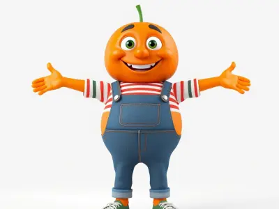 Orangey Character Rigged and Animated in Overalls Low-poly 3D model