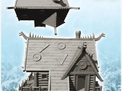 Viking log building with access stairs and fireplace 14 - North  3D print model