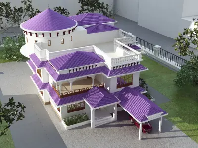Modern Villa Exterior with purple roof bricks Low-poly 3D model