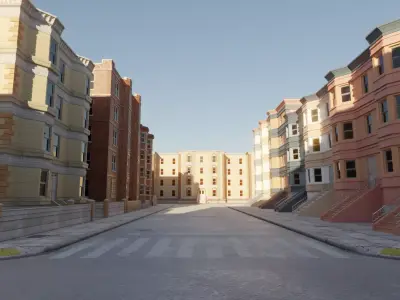 Street with buildings digital set Low-poly 3D model