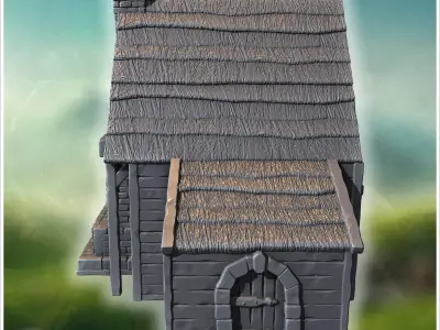 Rural wooden house with stone fireplace annex and thatched roof  3D print model