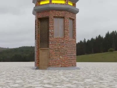 LOW POLY TOWER brick in middle of field Low-poly 3D model