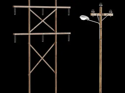 Wooden Power Poles Set Low-poly 3D model