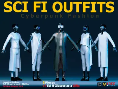 5 SCI-FI CYBERPUNK OUTFITS and 3 SCIFI GLASSES AS A GIFT Low-poly 3D model