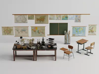 Vintage Classroom Science Lab Old Maps Blackboard Desk Props Low-poly 3D model