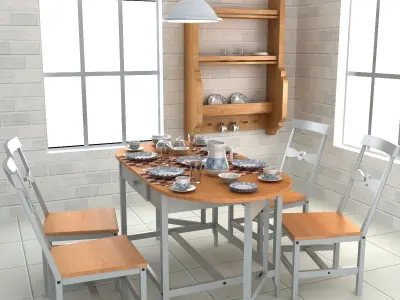 Tableware with Table and Chairs Low-poly 3D model