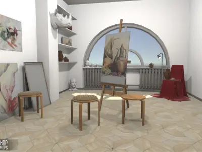 Art workshop - interior and props Low-poly 3D model