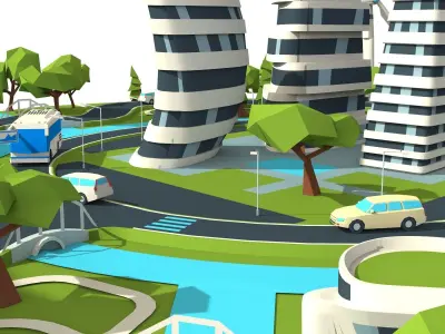 city lowpoly on island with wind turbines Low-poly 3D model
