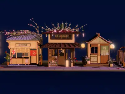 Stylized Japanese Mini Street Diorama 3D Model Low-poly 3D model