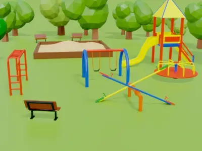 Low Poly Park playground with trees and benches 3D model