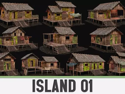 ISLAND 01 with INTERIORS 4K TEXTURES Low-poly 3D model