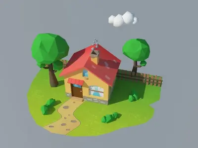 Low Poly House with trees and grass Low-poly 3D model