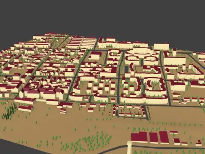 Village low poly city with buildings and trees Low-poly 3D model