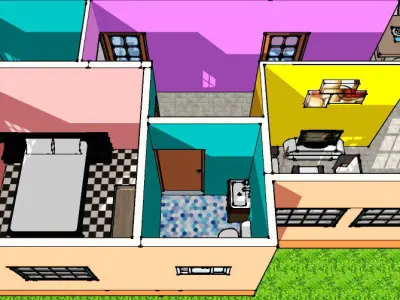 Interior room with bed and checkered floor 3D model