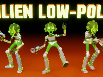 Alien with blaster in low poly style Low-poly 3D model