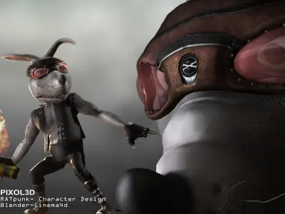 Steampunk Motorbike Mouse Character animated Low-poly 3D model