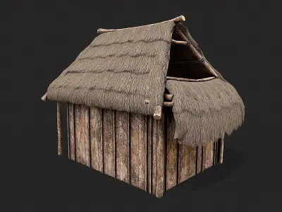 Primitive Wooden Shelter with Thatch Roof 5 Low-poly 3D model