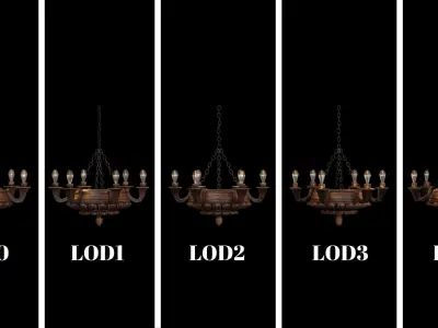 Royal Antique Wooden Chandelier with LODs Low-poly 3D model