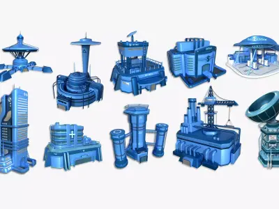 10 Sci Fi Buildings Collection C - Blue - Exterior Design 3D Model Pack