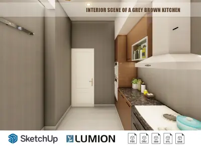Interior scene of a grey brown kitchen  3D model