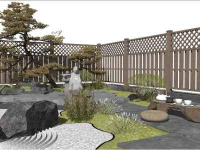 Japanese Zen - style Courtyard Landscape Design 3D model