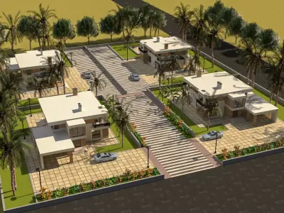 Low poly Modern Tropical Housing Development Scene Low-poly 3D model