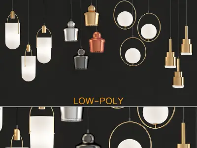 Chandelier collection 3d model two rattan pendant lights Low-poly 3D model
