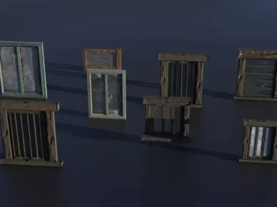 Windows wooden doors and Low-poly 3D model