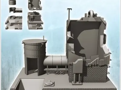 Brick industrial plant on platform with auxiliary tank and pipes 3D print model
