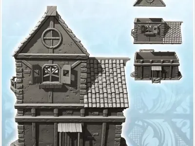 Large medieval house with tiled roof and side awning 1 - Medieva 3D print model