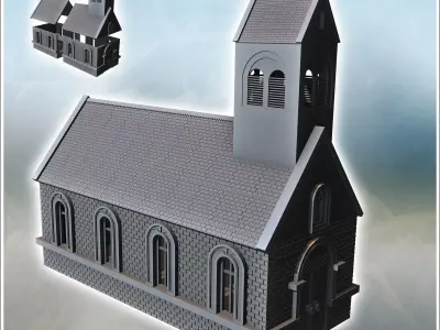 Brick church with multiple windows and a steeple 4 - Modern WW2  3D print model