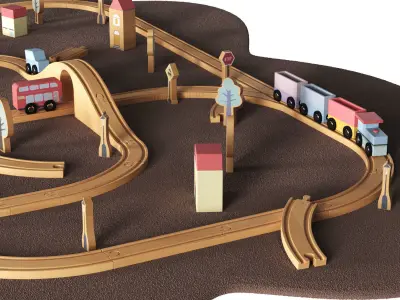 Wooden road railway toys set 3D model
