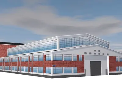 Factory brick building on cloudy day Low-poly 3D model