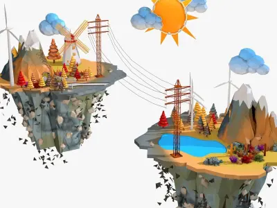 Floating Industrial Islands Low Poly 3D model