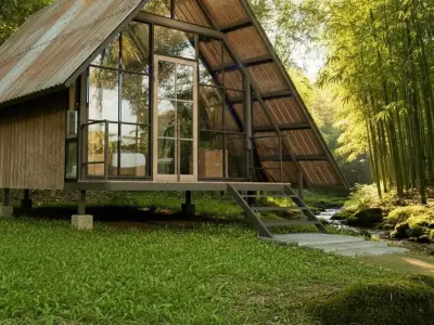 Rust Metal A-Frame Cabin on Stilts-Tropical Modern Shelter Low-poly 3D model