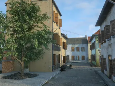 Village carentan street with houses and trees 3D model