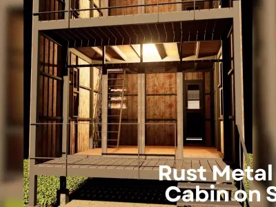 Rust Metal Loft Cabin on Stilts - Tropical House Low-poly 3D model