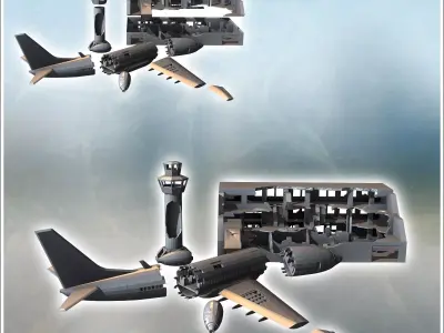 Destroyed modern airport with control tower and plane wreckage 1 3D print model