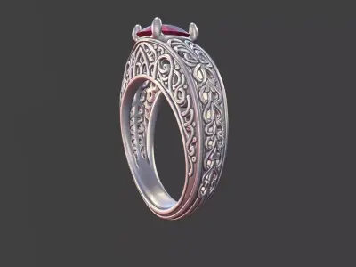  Filigree Silver Engagement Ring with Round Gemstone 3D print model