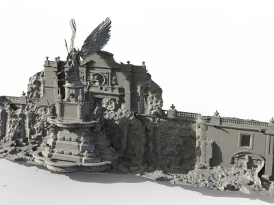 Cathedral with angel statues in ruins 3D model
