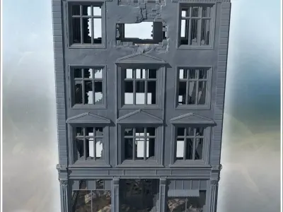 Four-story building with broken windows damaged facade and debri 3D print model